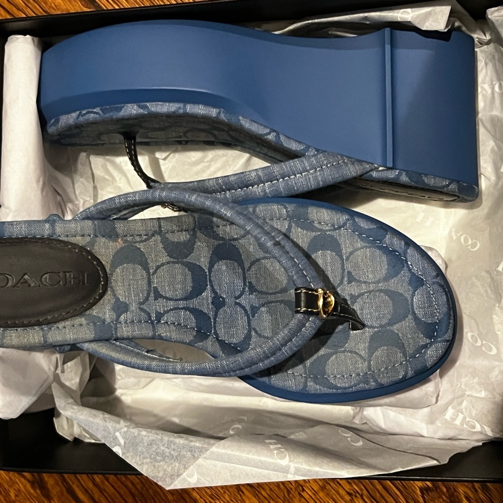 Coach Blue Monogram Wedge Sandals